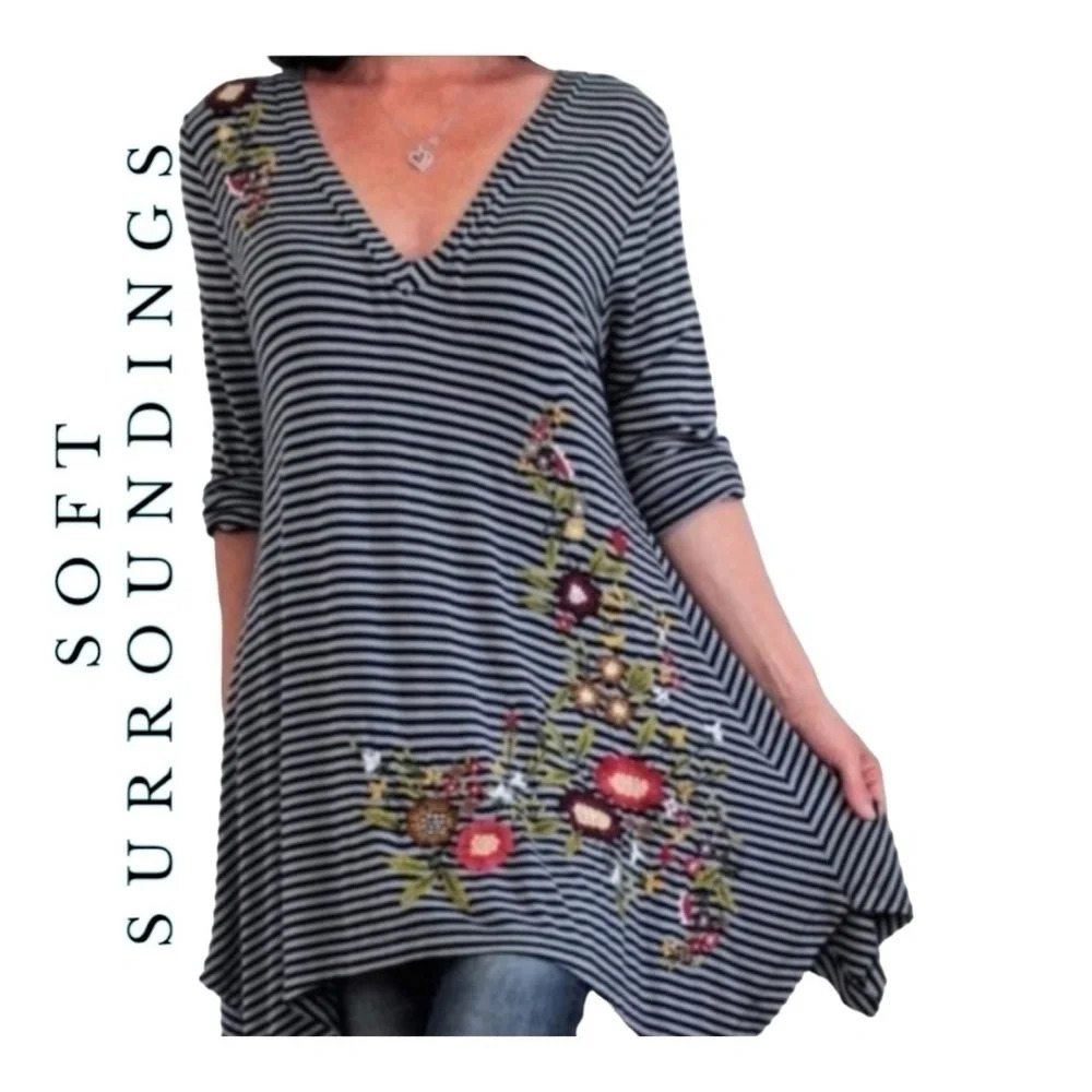 1513. SOFT SURROUNDINGS STRIPED EMBROIDERED TUNIC LONG SLEEVES SIZE XSMALL
